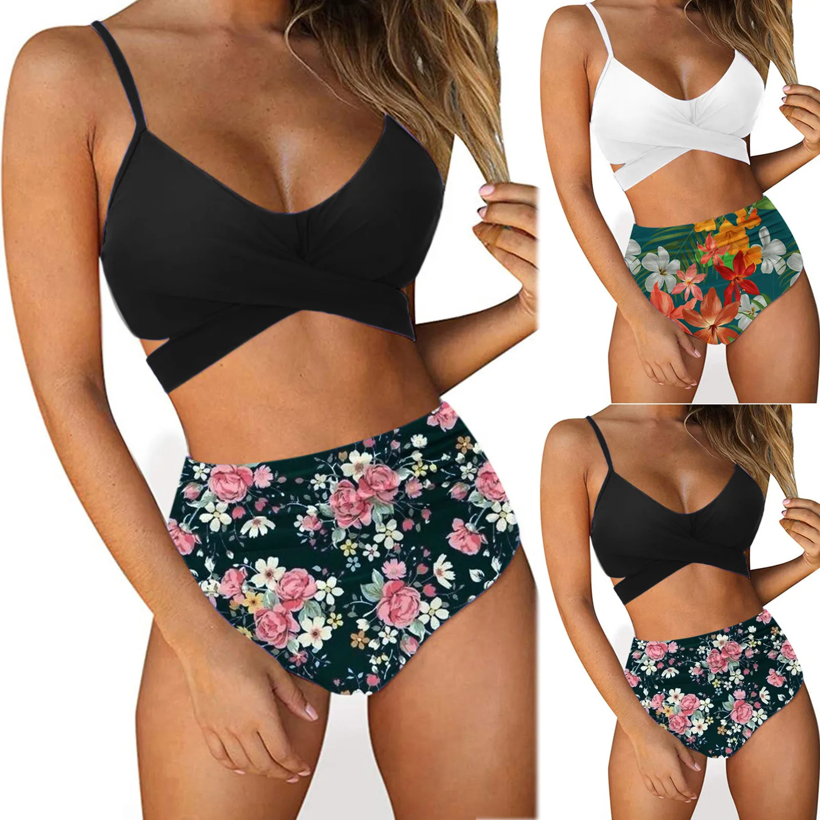 

Women Color 2pack Print High Waisted Bikini Swimsuit Bandage Split Push Up Two piece Tankini Swimsuit Beachwear Swimwear 2022