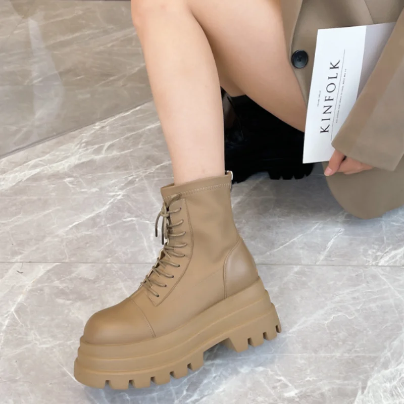 Boots Ladies New Lace Up Women's Round Toe Ladies Fall Rubber Lolita Ankle Leather Cross Botas Mujer Women Shoes Platform Shoes