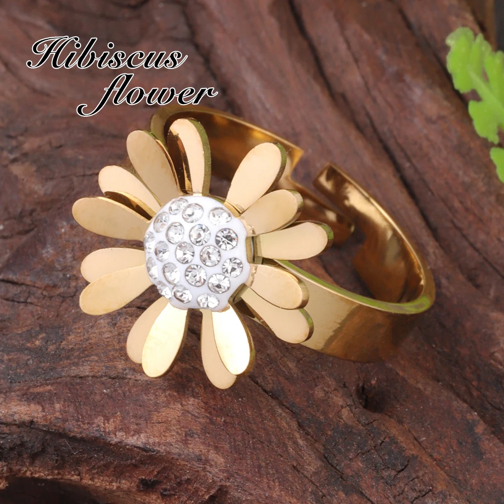 

Hibiscus Flower Sunflower Rhinestone Rings Luxury Quality Summer Accessories Wedding Ring Stainless Steel Jewely for Women Ring