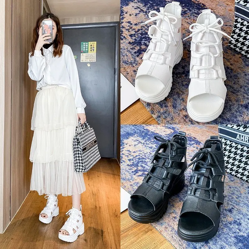 

Ladies Sandals Ladies Casual Shoes PU Solid Color Fish Mouth Shape Thick Bottom and HighLace Ladies Sneakers Women Sandals