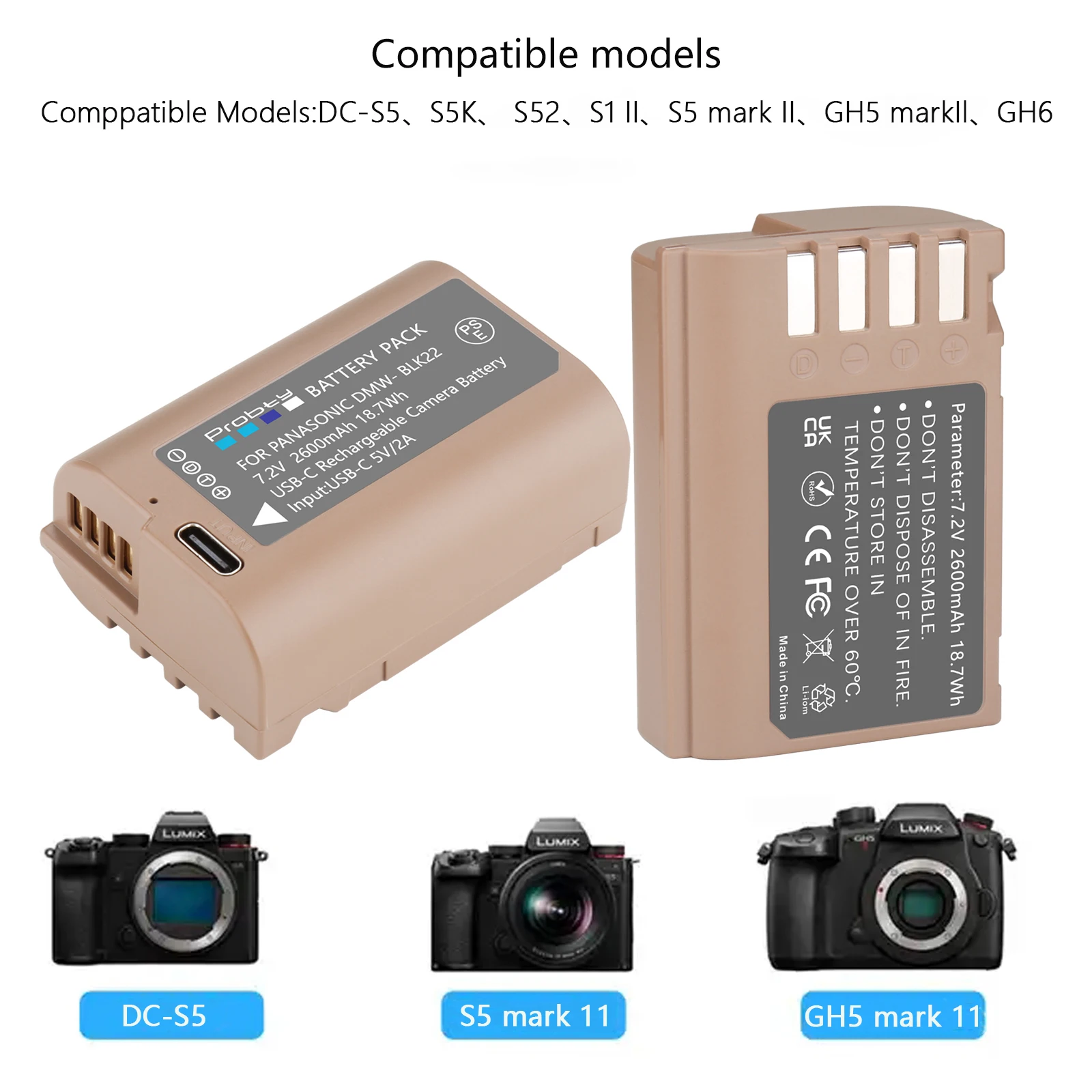 Аккумулятор DMW-BLK22 с USB-C портом для зарядки для Panasonic LUMIX DC-S5, DC-S5K, S5, GH5, GH6, G9, GH5S, DC-S5KK (art.: 3920d8ca5a745) - 3920d8ca5a745