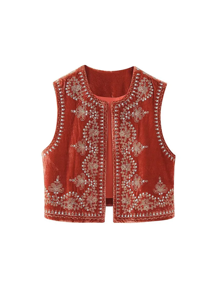 

PB&ZA Women New Fashion Sequin Embroidered Cardigan Velvet Vest Vintage Sleeveless All-match Casual Female Waistcoat Chic Tops