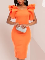 orange midi dress ruffle shoulders sleeveless square neck fashion new party bodycon slim fit african gowns vestido de mujer 2xl