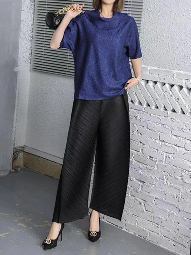 

Miyake Pleated Solid Color Design British Style Short-sleeved Lapel Intellectual Elegance Temperament Loose Type Fashion T-shirt