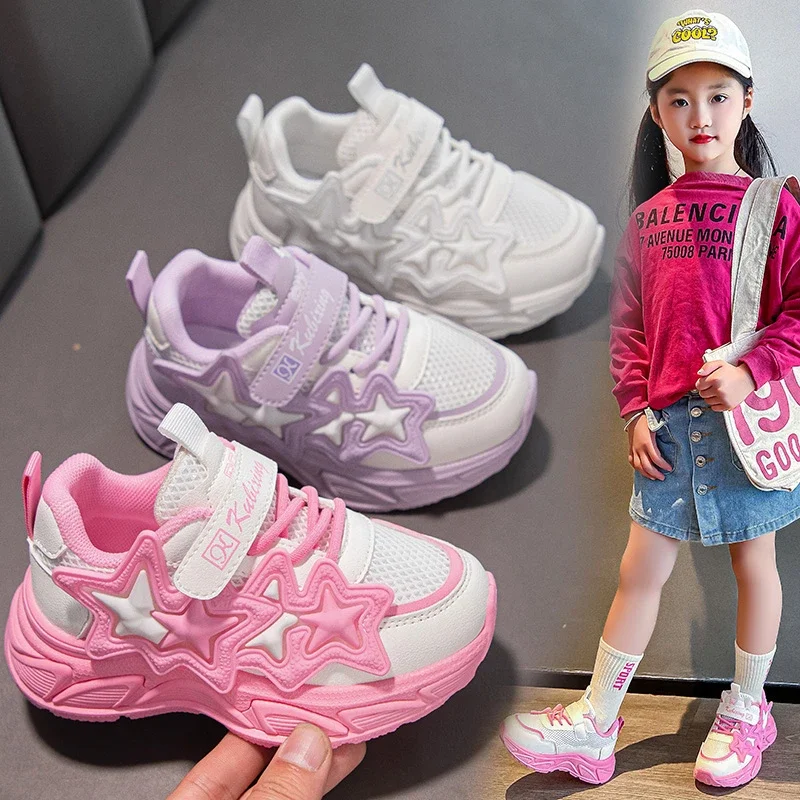 Girls Running Shoes Fashion Classic Kids Casual Sneakers Children Sports Air Mesh with Stars Breathable 2024 Spring Summer