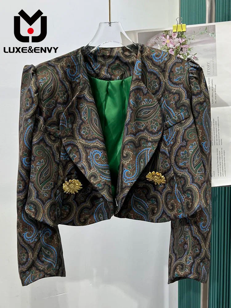 

LUXE&ENVY Spring New Style Fashion Suit Collar Short Small Print Court Retro Coat 2023 Women Fashion