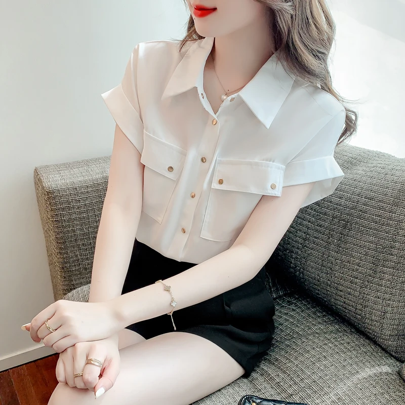 

Short Sleeve White Blouse Tops Women Blusas Mujer De Moda 2022 Verano Lapel Pocket OL Chiffon Blouse Shirts Office Lady Blouses