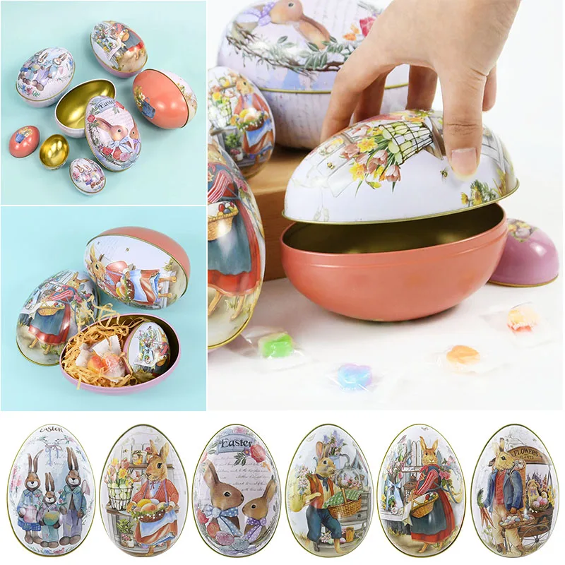 

1pc Easter Eggs Shaped Candy Box Alloy Metal Trinket Tin Tinplate Case Easter Bunny Chick Printing Box Festival Party Decoration