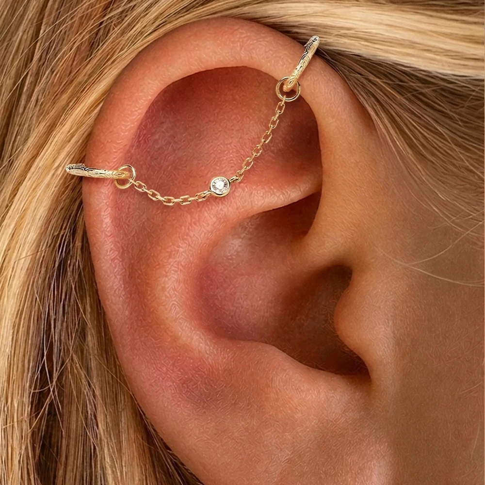 Фото Серьга-цепочка CANNER 1 шт. из цельного золота 14K с кисточкой и фианитами, минималистичная, для пирсинга хеликса, трагуса, конча, подарок для женщин №5