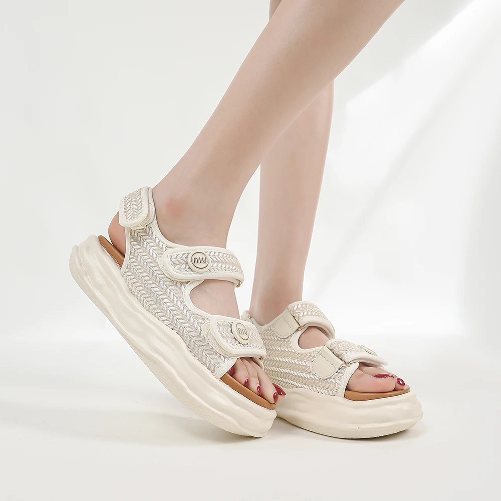 SOMILISS Platform Sandals Women Knitted Fabric Cloth Hook Loop Round Toe Summer Lady Fashion Outdoor Flat Casual Shoes Handmade