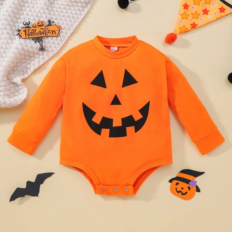 

Halloween Infant Baby Girl Boy Bodysuit Fall Clothes Cartoon Smiley Pumpkin Print Long Sleeve Crew Neck Jumpsuit