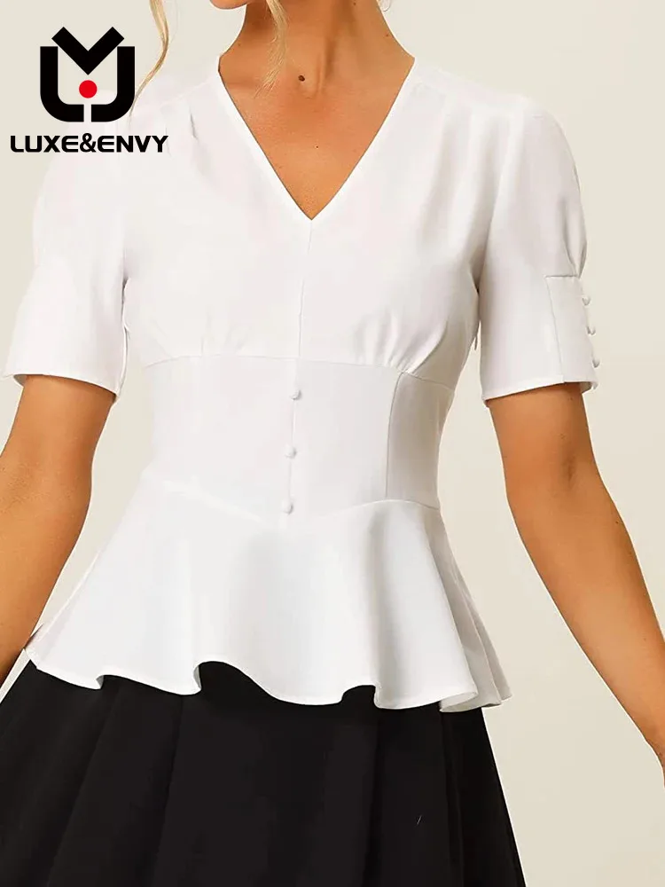 

LUXE&ENVY 2023 Summer New V-neck Sweet Back Strap Slim Fit Ruffle Swing Short Sleeve Solid Color Women's Shirt Elegant Top