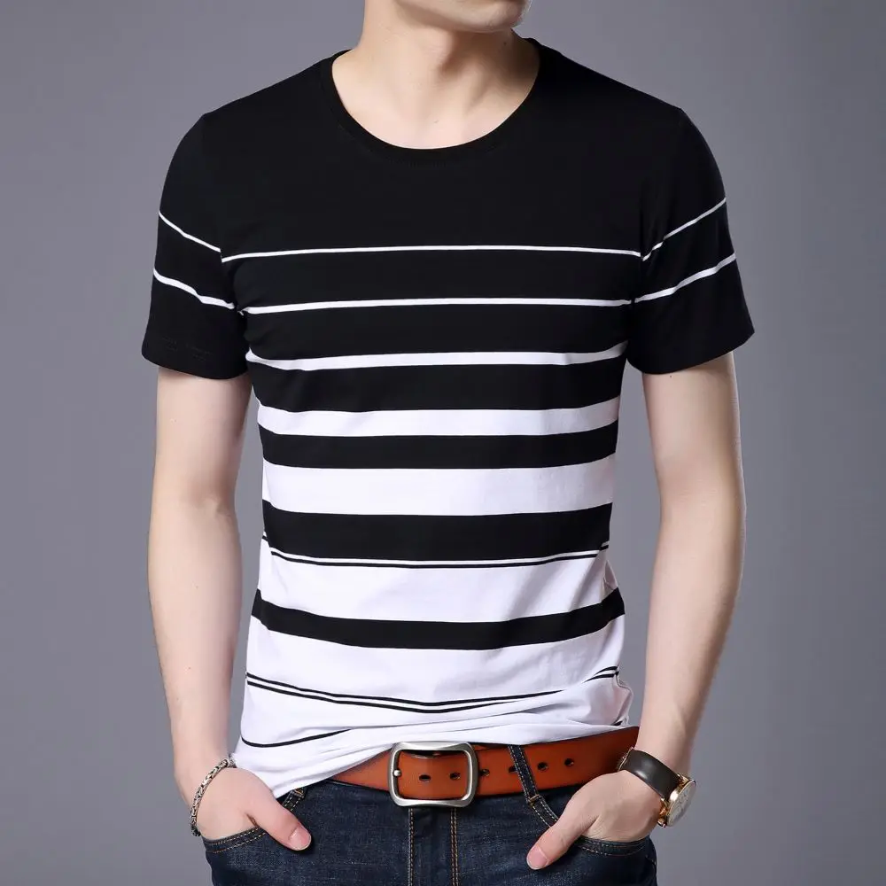 

COODRONY Sweat-Wicking Breathable Comfortable Half-Sleeved Men Summer Popular Classic Simple T-Shirt Round Neck Stripe Top W5568