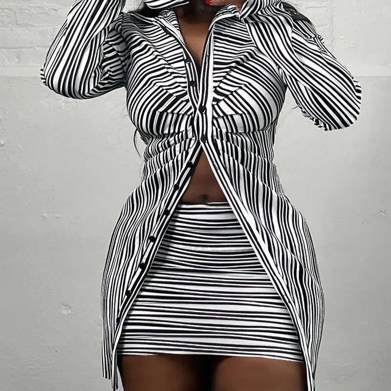 

Striped Ruched Long Sleeve Top & Skirt Set Autumn Women Single Breasted Folds Cuff Slim Turn Down Collar Fashion