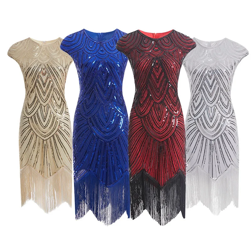 

2022 New Color Vintage 1920s Flapper Great Gatsby Dress O-Neck Cap Sleeve Sequin Fringe Party Midi Dress Vestidos Verano