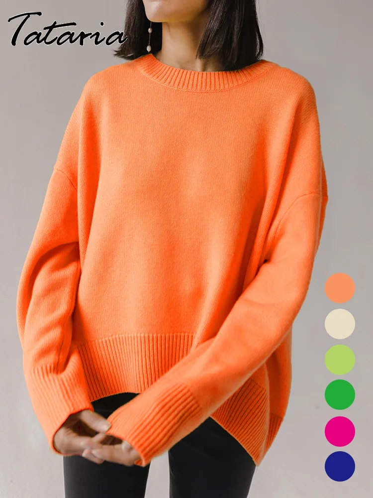 

Basic Oversize Sweaters for Women Autumn Rose Red Knitted Pullover Top Candy Colors Winter Warm Soft O Neck Women's Baggy Jumper