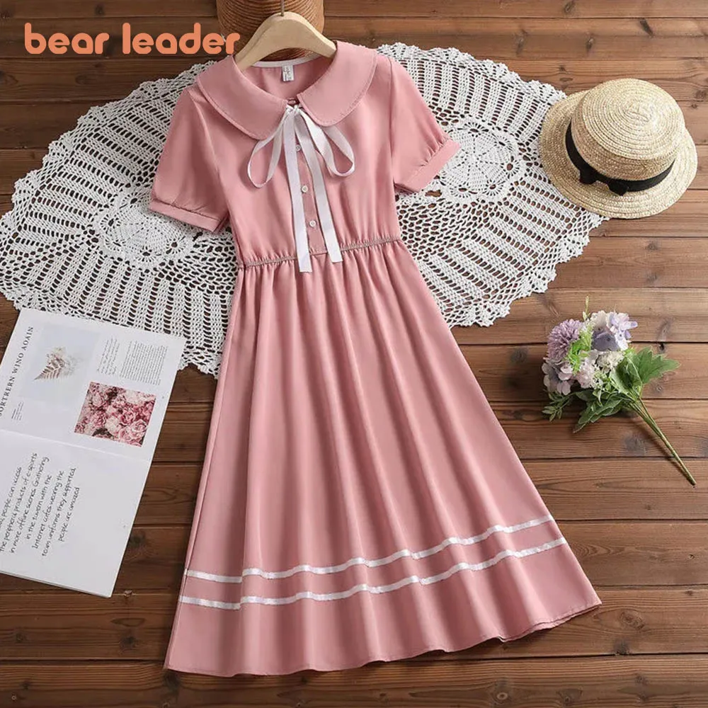 

Bear Leader Girl Dress 2022 Summer New Girls Solid Lapel Tie Bow Princess Sweet Dress Girl Waist Dress for Girl Fashion Clothes