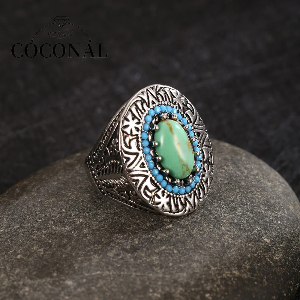 

Coconal Bohemia Round Green Ring Natural Stone Rings Men Finger-Ring Gothic Accessories Jewelry Rings for Women Men Gift
