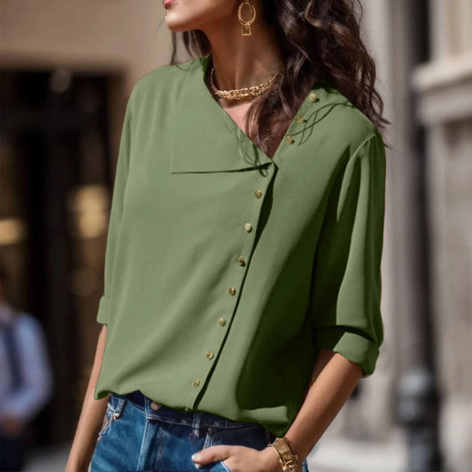 

Women'S Skew Collar Button Shirt Long Sleeved Loose Fit Blouse Turn Down Collar Solid Color Basic Retro Shirts For Women Blusas