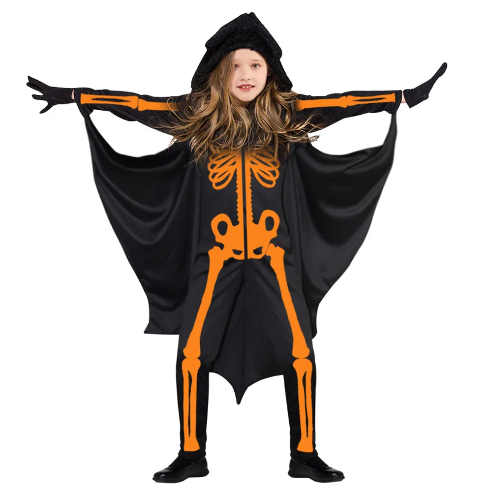 

Cos Halloween Kid Bat Cloak Cosplay Costume Boys Girls Witch Skeleton Jumpsuits Costume Bodysuit Hooded Cape Festival Gifts