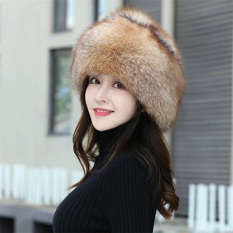 100% Genuine Real Fox For Hat Women Natural Raccoon Fur Cap Russian Winter Thick Warm Ears Fashion Bomber Outdoor Earflap Hat