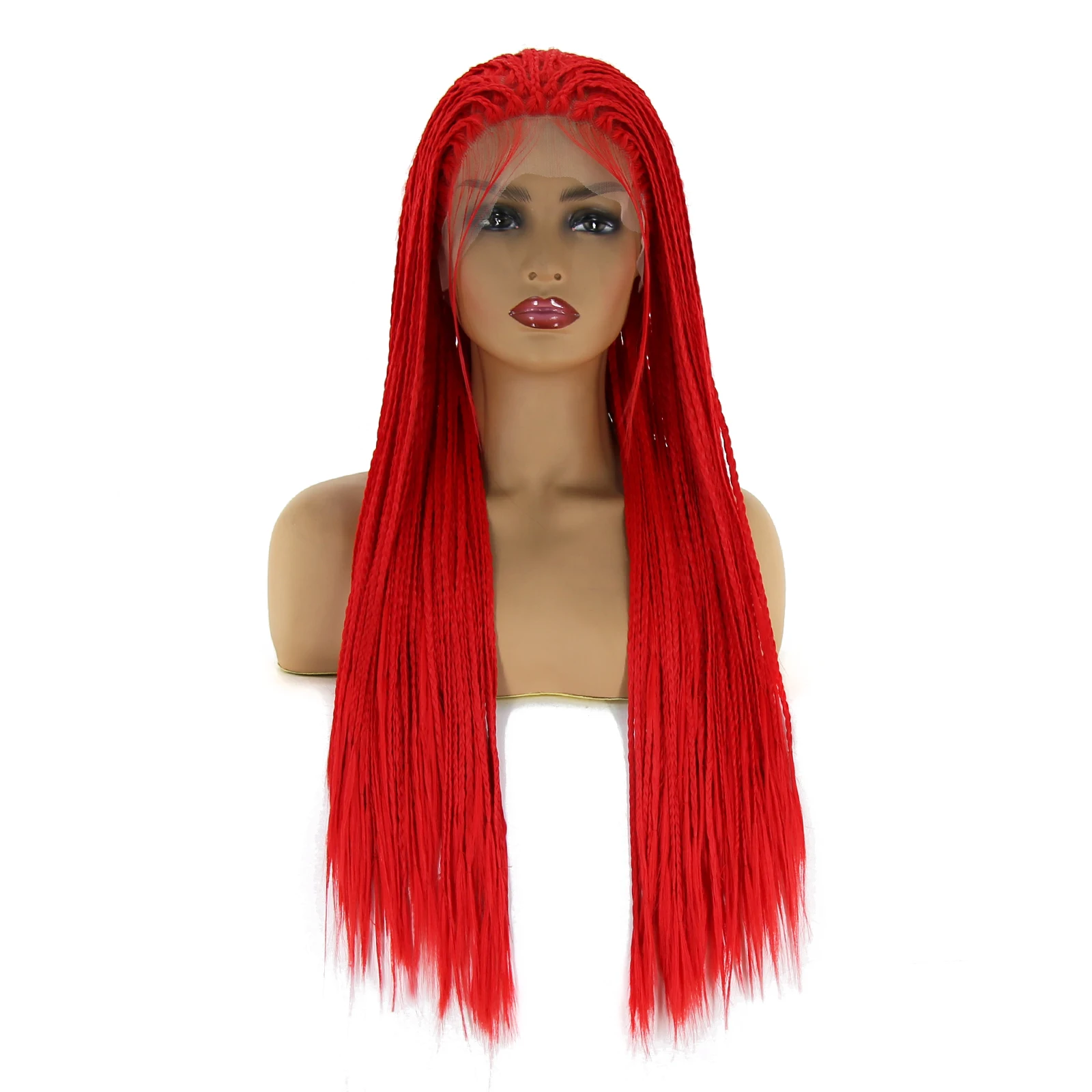 BTWTRY Red Micro Braided Synthetic Lace Front Braid Wigs for Black Women Daily Wear High Temperature Resistance Braided Hair