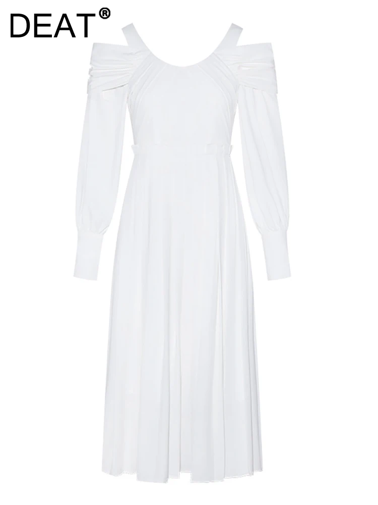 

DEAT Women's Fashion Evening Dress O-neck Lone Sleeve Hollow Out Pleated Chiffon Female Party Dresses Autumn 2023 New 13DB2883