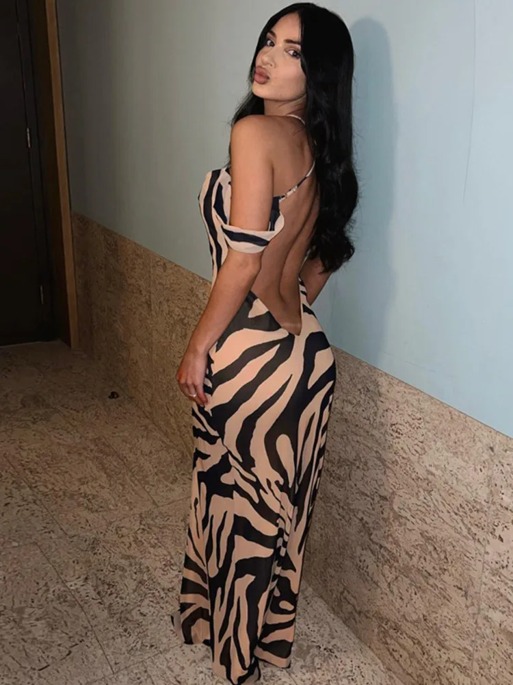 

Articat Zebra Stripes Slim Long Dress 2023 Autumn Women Dress One Line Neck Backless Female Maxi Dress Elegant Party Clubwear