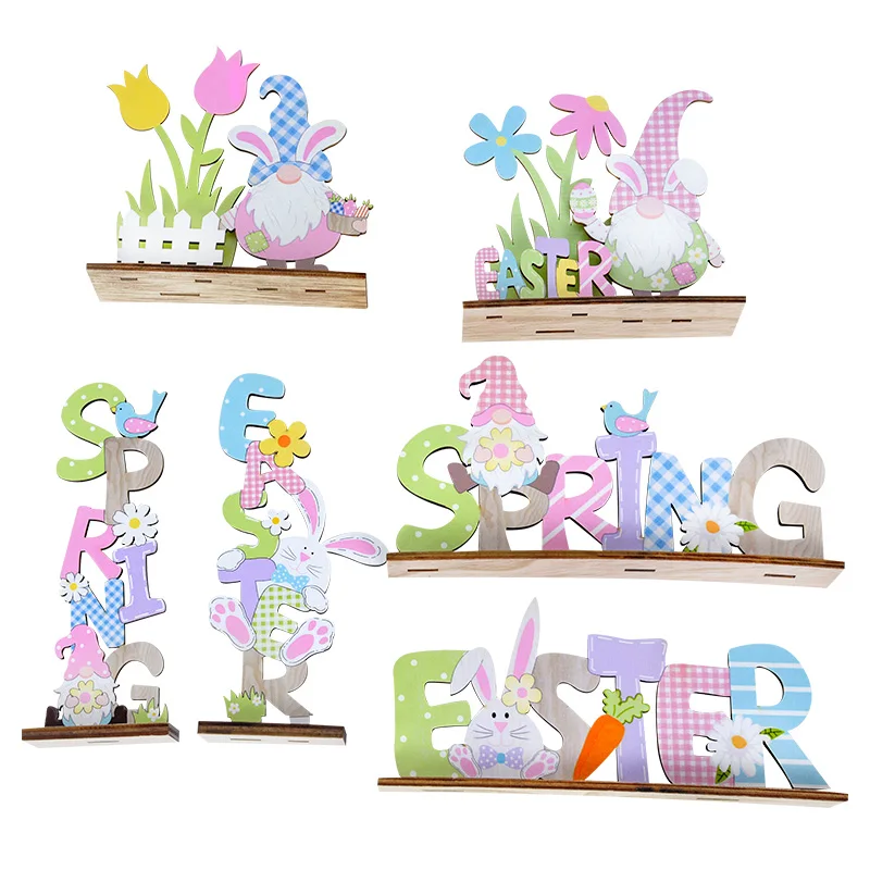 

1pcs DIY cartoon happy easter wooden table top decoration cute bunny ears holiday party home decoration children's toy gift