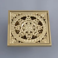 polished gold brass carved flower pattern bathroom shower drain 4 square floor drain waste grates bathroom accessory mhr096