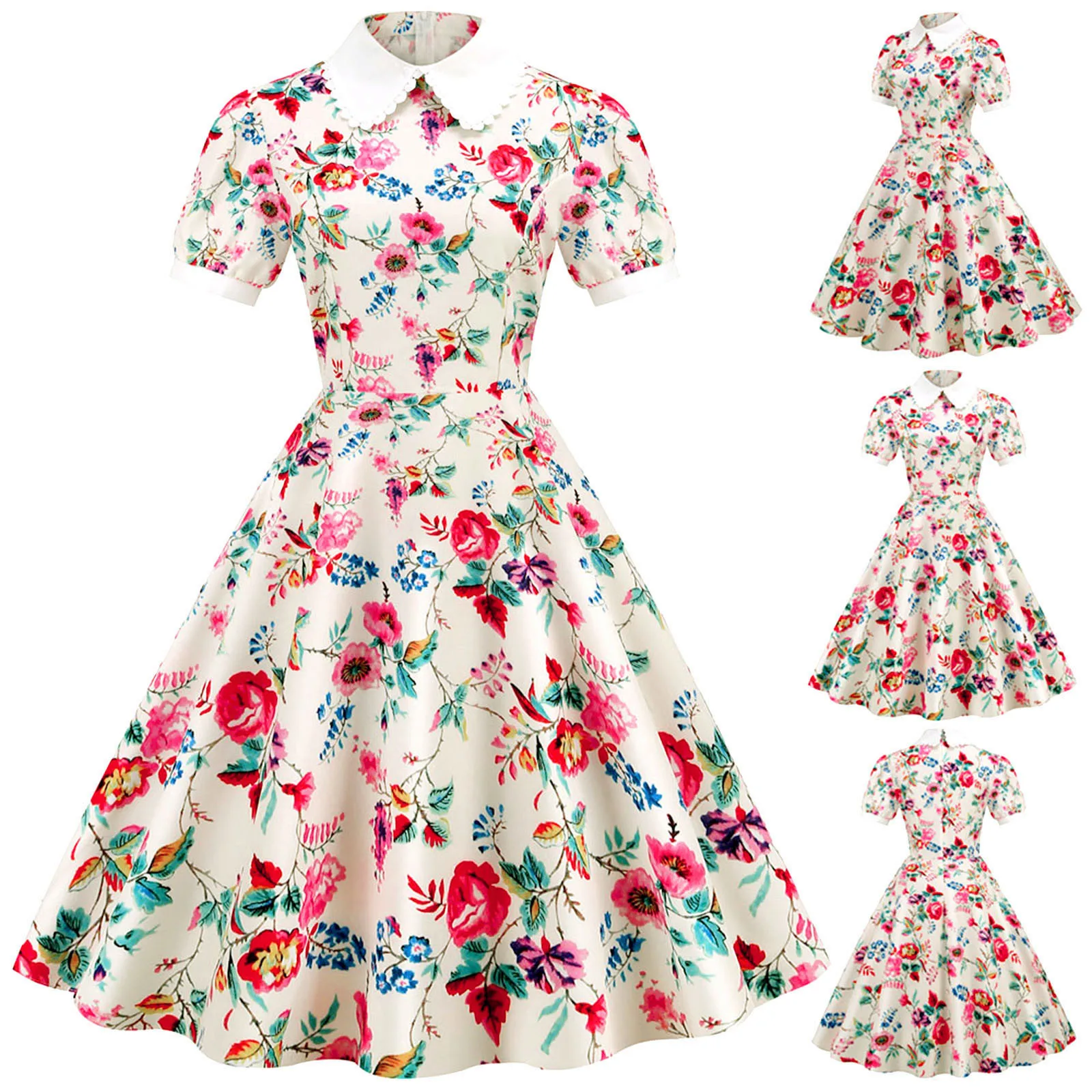 

Womens Vintage Print Doll Collar Short Sleeve Cocktail Women Midi Dress Floral Print Peter pan Collar Elegant Party Dress Puff