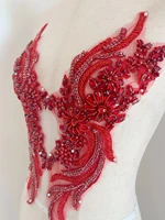1 pair red luxury bead rhinestone handmade applique with crystal flower for bodice patchcolorful bridal dress