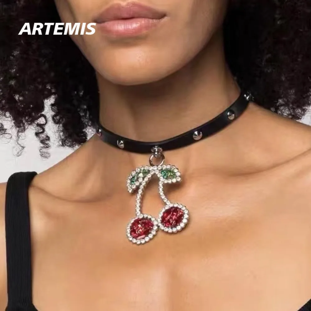 

Fashion Designer Top Quality Cherry Crystal Cowhide Luxury Necklace Choker Women Jewelry Trend
