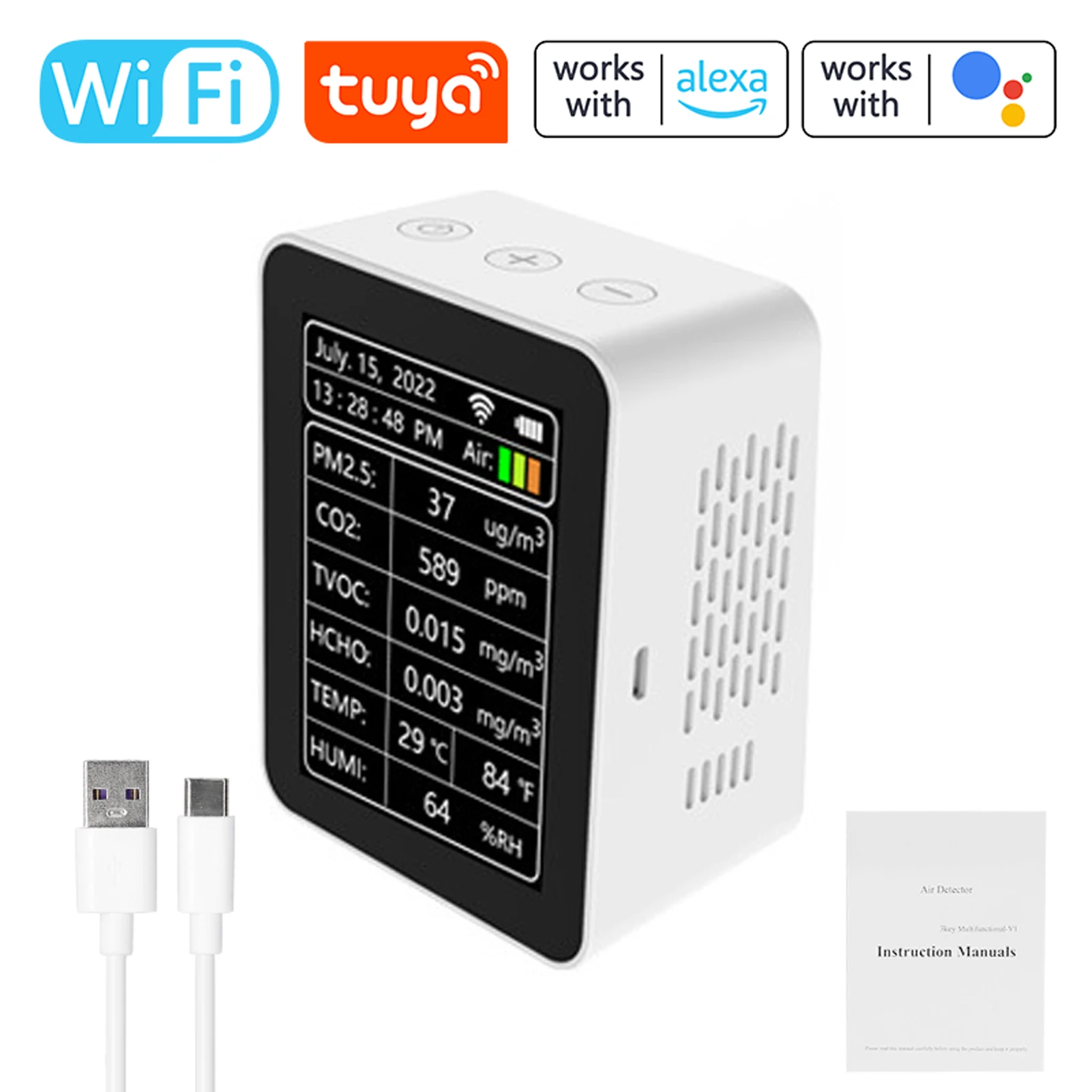 

Умный детектор качества воздуха Tuya Wi-Fi 7 в 1, детектор температуры и влажности воздуха PM2.5 CO2 TVOC HCHO, домашний монитор качества воздуха