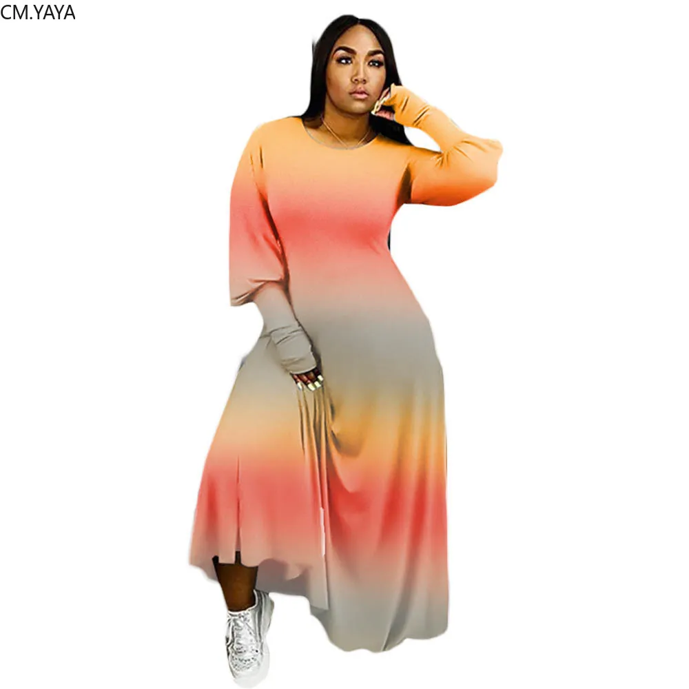 CM.YAYA Women Gradient Print Lantern Long Sleeve O-neck A-line Bodycon Maxi Dress Streewear Active Wear Dresses | Женская одежда