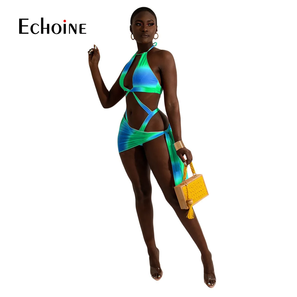 Купальник-бикини женский из трех предметов с градиентным принтом и лямкой на шее