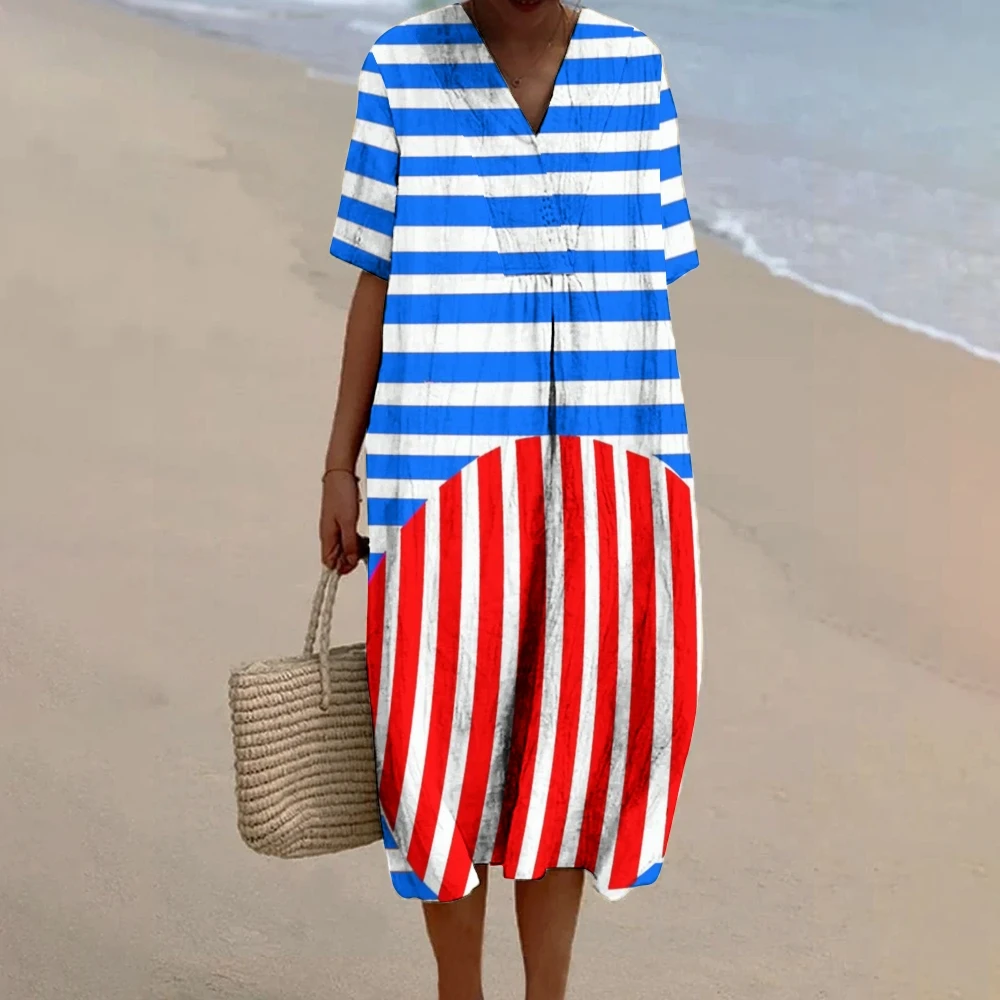 Женское льняное платье с красными и синими полосками принтом винтажное
