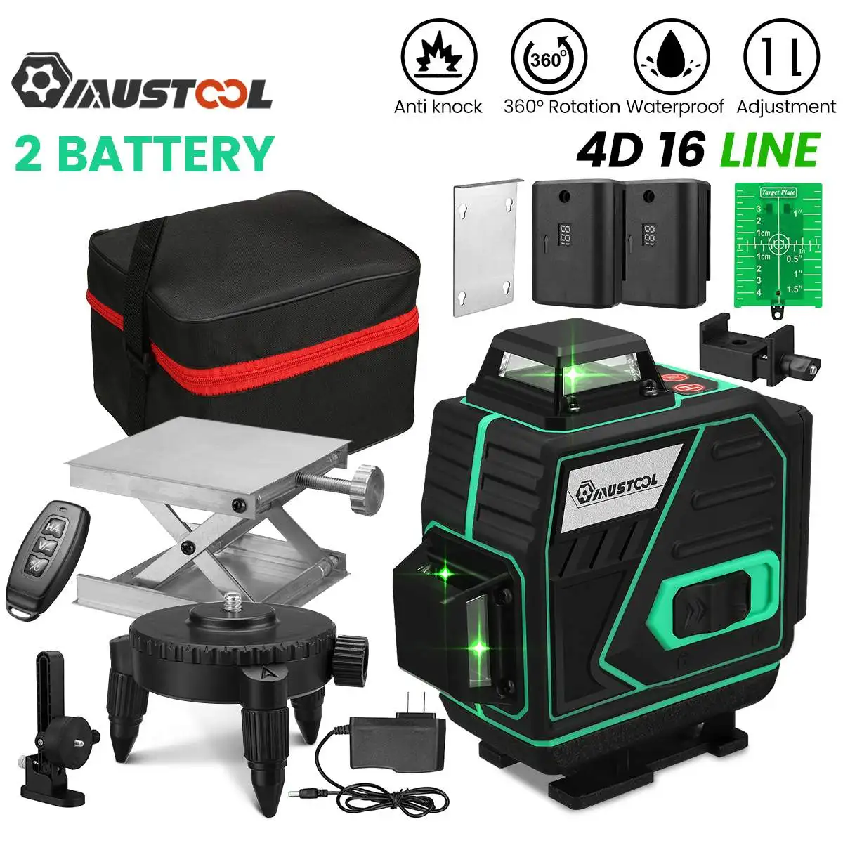 MUSTOOL 16 Lines 4D Laser Level Self-Leveling 360 Horizontal And Vertical Cross Super Powerful Green Laser Level With 2 Battery