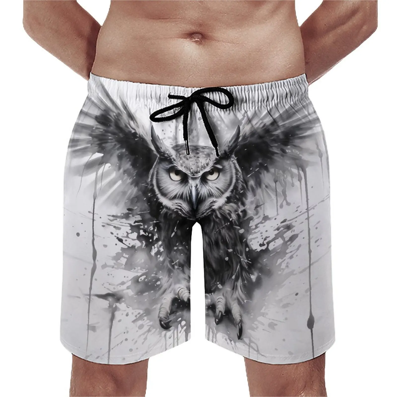 

Gym Shorts Owl Hawaii Swim Trunks Ink Drawing Hyper Artistic Males Quick Dry Sports Hot Sale Large Size Beach Short Pants