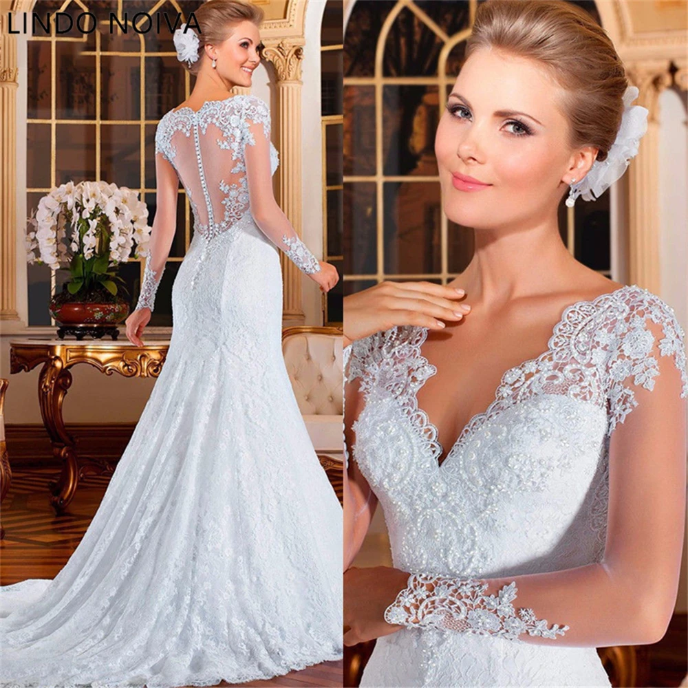 

LINDO NOIVA Mermaid Wedding Dress Pearls Beaded Lace Bridal Gowns For Bride Brazil Appliques Vestido De Novia Custom Made Women