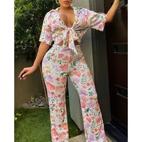 divasily 2022 new style women fashion floral plants print knotted top pants set for women sexy outftis casual suit femme