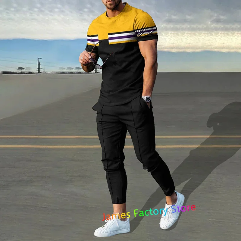 Men's Trouser Tracksuit 2 Piece Outfit Set Summer Sport T-Shirt Long Pants Sportwear Set Oversized Jogging Set Male Clothing Set