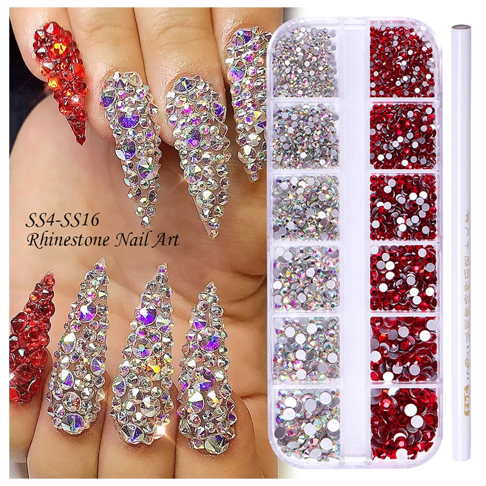 12 ячеек, 1500 шт., наклейки для ногтей разных размеров, кристалл, Блестящий Бриллиант для маникюра, клей, блестящая аппликация, бриллиант с плоской задней стороной, товары для ногтей