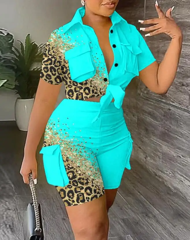 

Fashion 2 Piece Sets Womens Outfits Contrast Leopard Print Casual Top High Waist Y2k Shorts Set 2023 Summer Streetwear Clothes