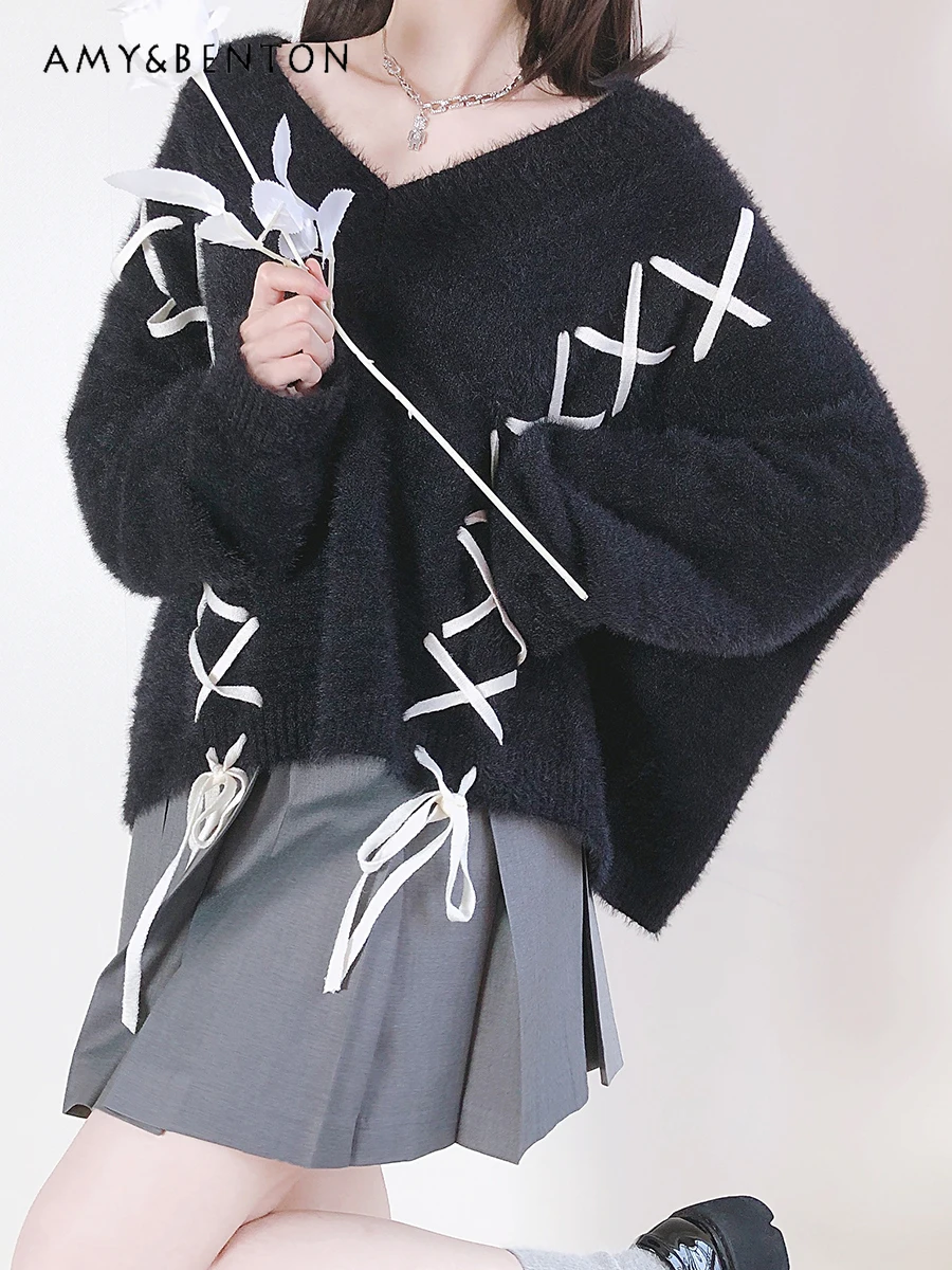 

Loose Soft Mink Sweater Pullover Women's Loose V Lazy Lace-up Loose Casual Black Knitted Jumper Sweater 2023 Autumn New Clothes
