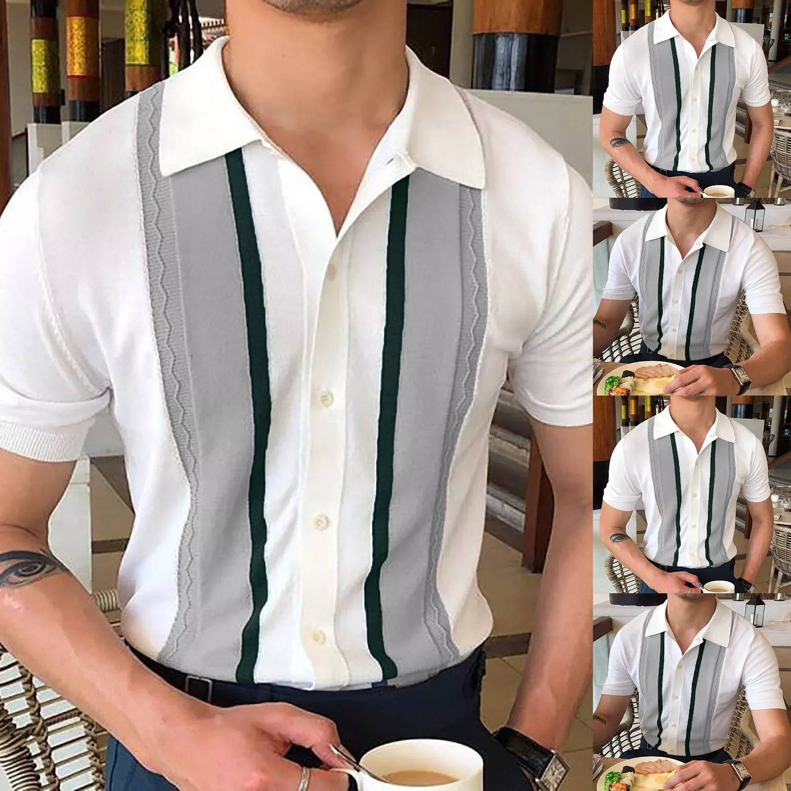 

NEW IN Men Fashion Summer Short Sleeve Shirt Vintage Patchwork Knit Slim Shirts Lapel Button Tops Streetwear Tops