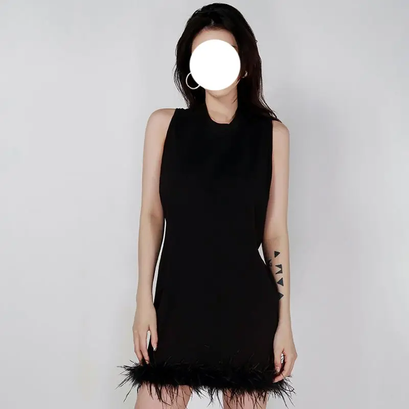 

Spring Casual Ostrich Raw Trim Design Simple Feather Sleeveless Dress For Women O Neck Loose Tassel Female Feather Fur Dress