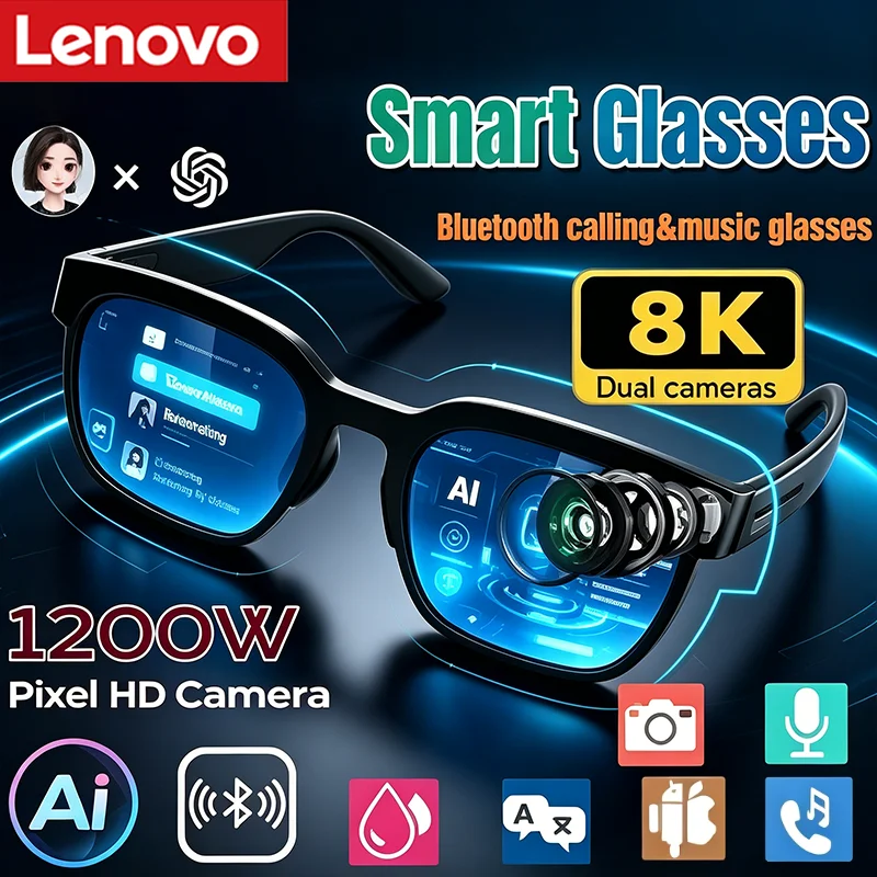 Фото Умные Bluetooth-очки Lenovo 2026 с ИИ-переводом, прослушиванием музыки и записью разговоров, смарт-солнцезащитные очки для мужчин и женщин №1