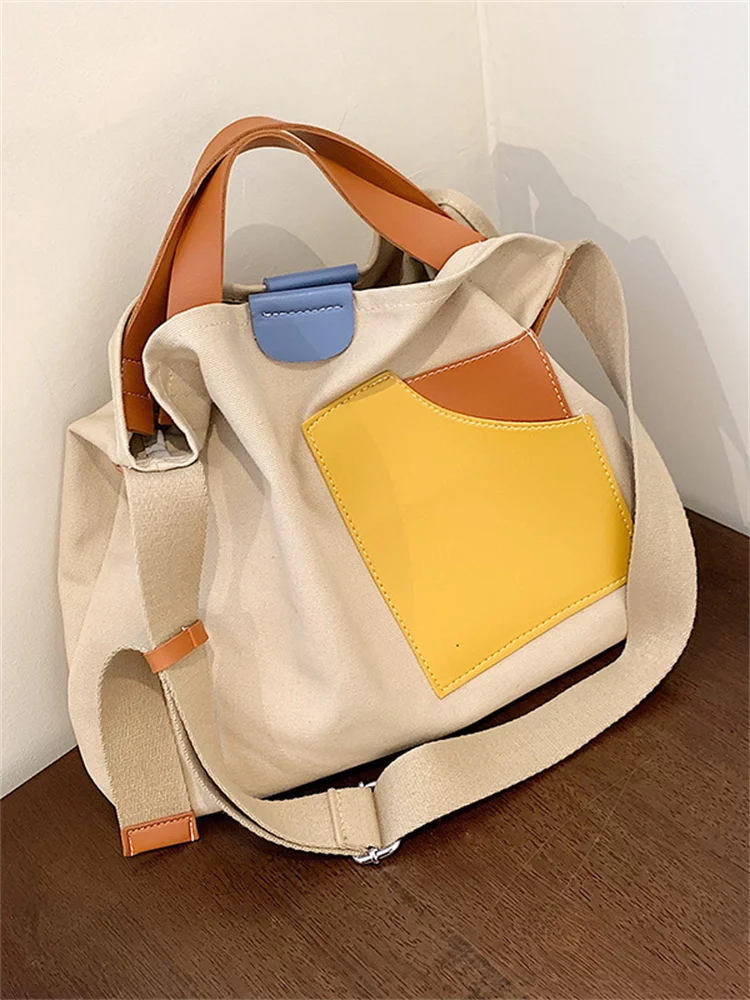 

Canvas Tote Bags for Women 2023 New Simple Fashion Girl's Shopper Shoulder Totes Large Capacity Contrast Color Bucket Travel Bag
