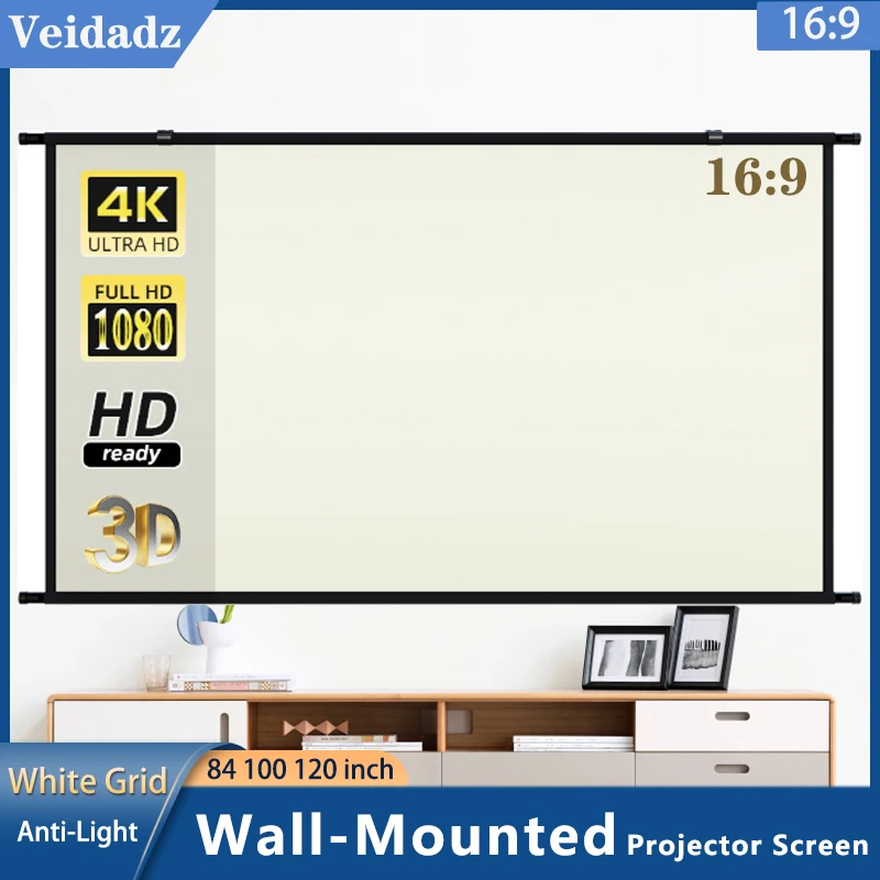 VEIDADZ Projector Screen Wall Mounted 16:9 White Grid Anti-Light Projection Screen 60 84 100 120 inch for Indoor Outdoor Movie